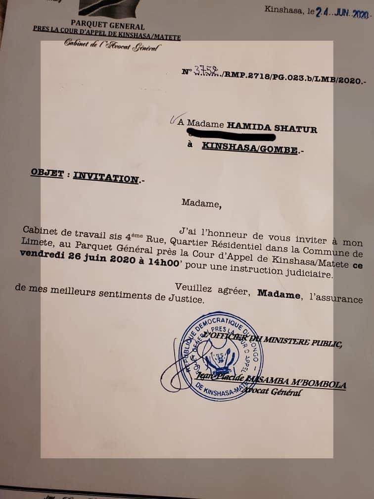 RDC: Hamida Chatur attendue au parquet général près la Cour d’appel de Matete vendredi 26 juin
